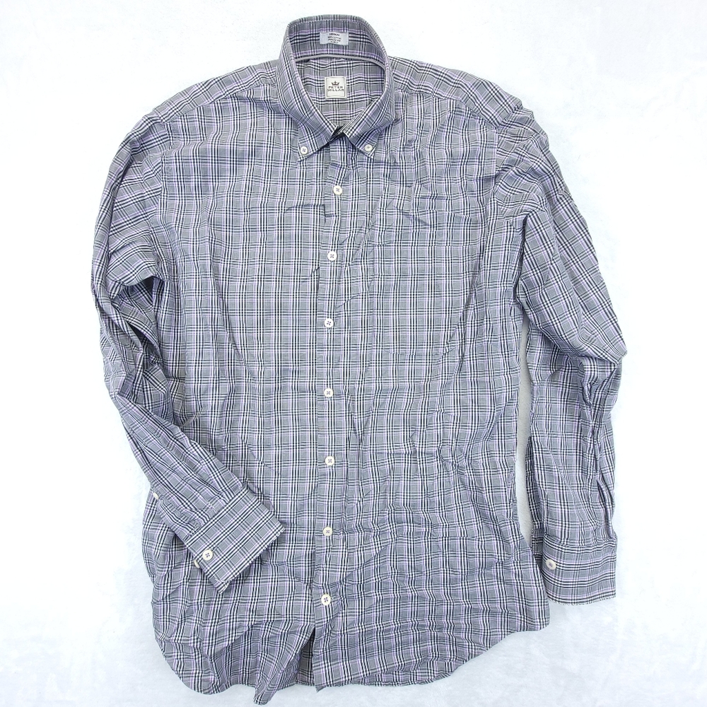 Peter Millar Mens Button Down Long Sleeve Dress Shirt Gray Purple Plaid Size M